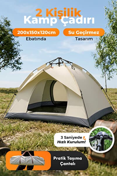 auhma Outdoor AC6634 Otomatik Kamp Çadırı Krem 200x150x120 cm Çift Katmanlı Su Geçirmez 3 Saniyede K