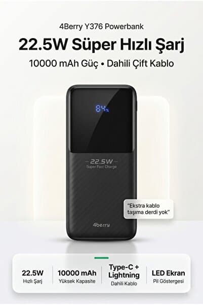 4 Berry 4Berry Y376 10000mAh 22.5W Süper Hızlı Şarj Type-C ve Lightning Kablolu Powerbank