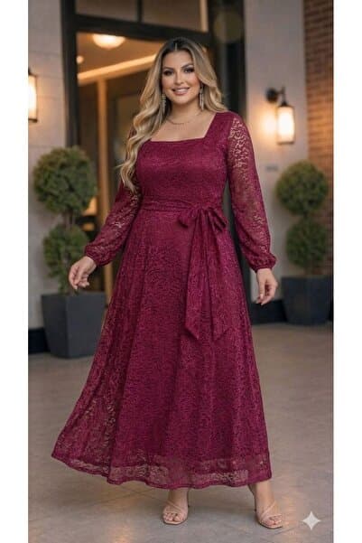 CİXAPLE Kare Yaka Dantelli Maxi Boy Elbise