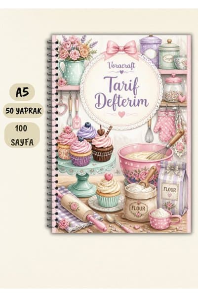 VORACRAFT Yemek Tarif Defteri, 50 Yaprak /100 Sayfa, A5 / Tel Spiral TRF0011