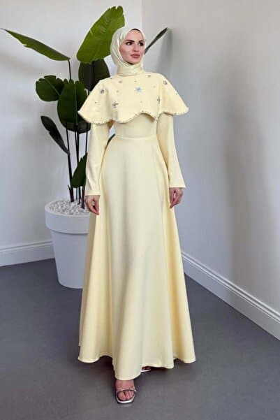 MERVEN AKYÜZ Olena Seyyar Pelerinli Abiye Butter Yellow