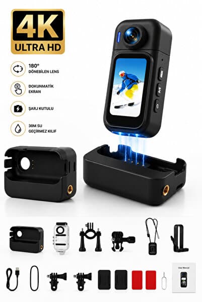 ROBEVE 4K Ultra HD Mini Aksiyon Kamerası Şarj Kutulu Powerbankli 180° Dönebilen Lensli Dokunmatik Ekranlı WiFi Destekli Manyetik Taşınabilir Vlog ve Spor Kamerası Su Geçirmez Muhafaza Aksesuar Setli