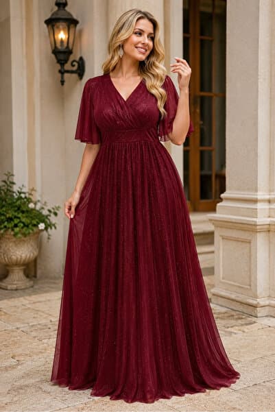 AQE FASHION Kadın Kruvaze Yaka Kısa Kollu Tül Kol Likralı Esnek Simli Astarlı Uzun Bordo Abiye Elbise