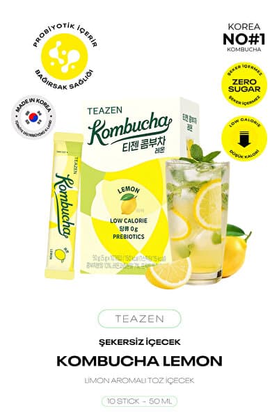 TEAZEN Probiyotik Ve Lif İçeren Bağırsak Sağlığı Destekli Şekersiz İçecek Kombucha Lemon