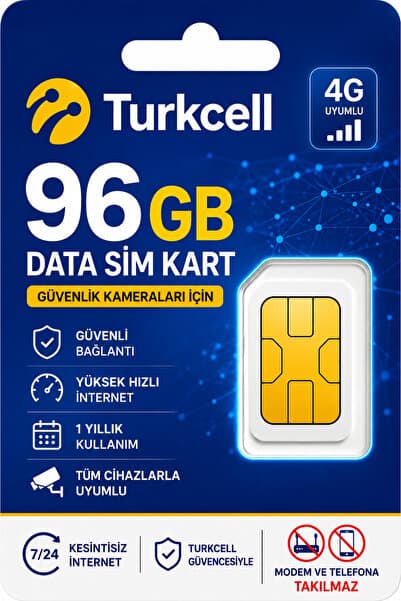 MEYTECH 4G 96GB Turkcell Her Ay 8 gb Sim Kartı 1 Yıllık Tek Ödeme Data m2m Hattı Güvenlik Kamerası Hattı