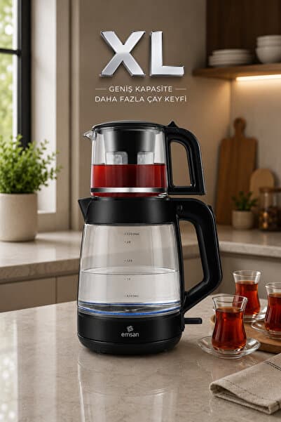 Emsan Glass Tea XL 2 in 1 Cam Çay Makinesi ve Kettle Shiny Black
