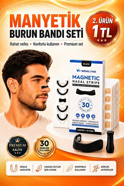 Wealtivo Manyetik Burun Bandı Seti Premium 30'lu, Horlama Azaltıcı Mıknatıslı Siyah Dilatörü Aparatı