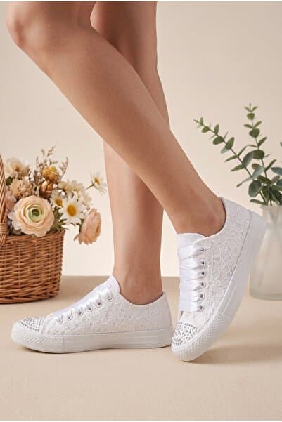 HYS SHOES Dantelli Gelin Spor Ayakkabısı Çiçek Desenli Gelin Sneaker