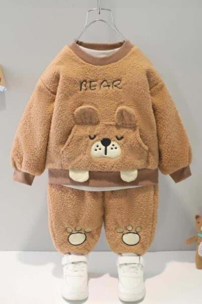 Bubito Unisex Bebek Çocuk Kışlık Peluş Welsoft Nakışlı 2'li Alt Üst Takım - Kahverengi