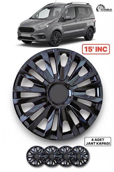 YONGA OTO AKSESUAR FORD TOURNEO COURİER 15 İnç Jant Kapağı 4'lü Set Piano Black + 4 Amblem + 8 Cırt Kelepçe