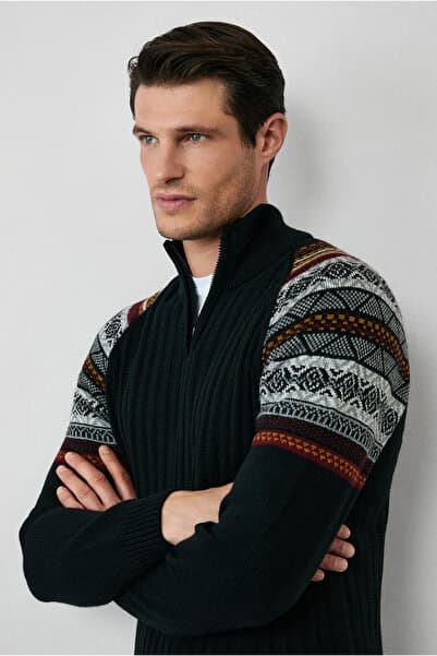 Kiğılı Yarım Balıkçı Yaka Fermuarlı Slim Fit Desenli Triko Kazak