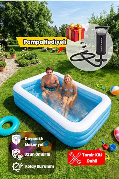 Kalitomi 305x183x56 cm Şişme Bahçe Havuzu Pompa Hediyeli– Üç Çemberli Aile Havuzu Tamir Kiti Dahil