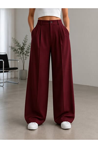 jjtech Palazzo Oversize Kesim Bordo Kadın Pantolon