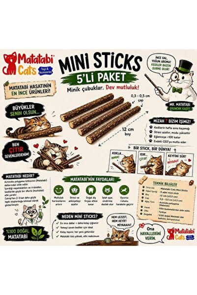 MATATABİ CATS Mini Sticks 5’li |Doğal ince Matatabi çubuğu Kedi Oyuncağı | İnce Çiğneme Çubuğu | Kedi Diş Bakımı | 12 cm