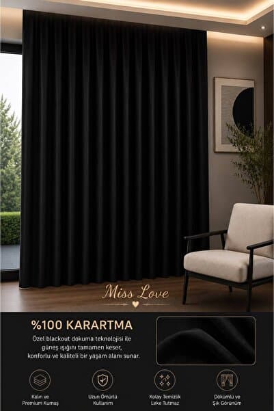 MISS LOVE Lüks A. Sınıf Özel Dikim Siyah Blackout %100 Işık Geçirmez Fon Perde Ekstraforlu Karartma