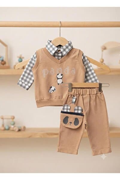 Efemkids 2'Lİ PANDA BASKILI ERKEK BEBEK TAKIM 3-6 ay 6-9 ay 9-12 ay 12-18 ay beden panda baskılı süveterli gömlek + cepli beli lastikli pantolon yenidoğan bebek takım