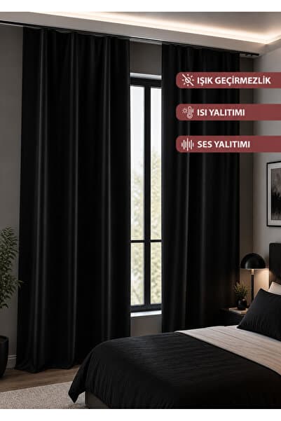 Setekshome Blackout Karartma Işık Geçirmez Saten Güneşlik Fon Perde Ekstraforlu Pilesiz - Siyah