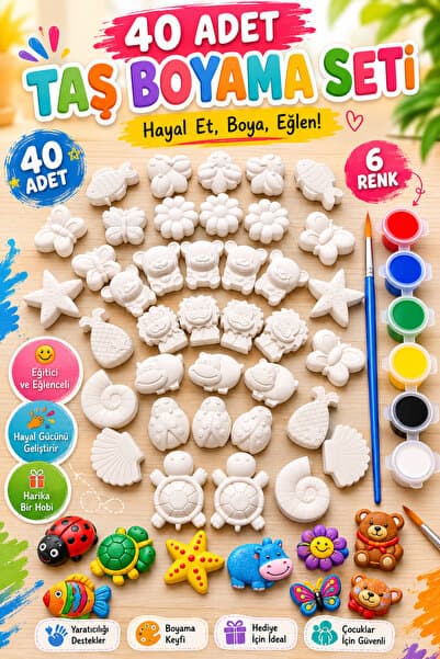 MİSSEHOME 40 Adet (3D) Hayvanlar&Çiçekler Taş Boyama Figür Çocuk Gelişimi Boyama Etkinlik Seti Zoo Painting