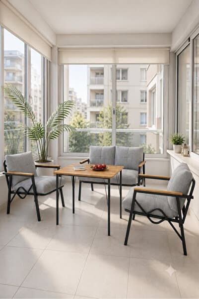 DORUK HOME Balkon, Bahçe, Cafe, Metal Koltuk Takımı, Bahçe Takımı , Çay Seti, 2 1 1 Açık Gri Masa
