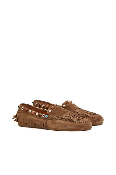 Divarese Tütün Taşlı Püsküllü Kadın Süet Loafer
