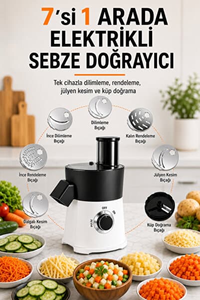 ROBO Elektrikli Sebze Meyve Doğrayıcı – 8 mm Küp Doğrama, 7 Kesim Aparatı, 65 mm Geniş Besleme Beyaz