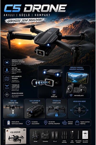 WUNİT C5 Tutacaklı Kumanda Drone HD Kamera Çift Batarya Aktif Tüm Özellikler WİFİ