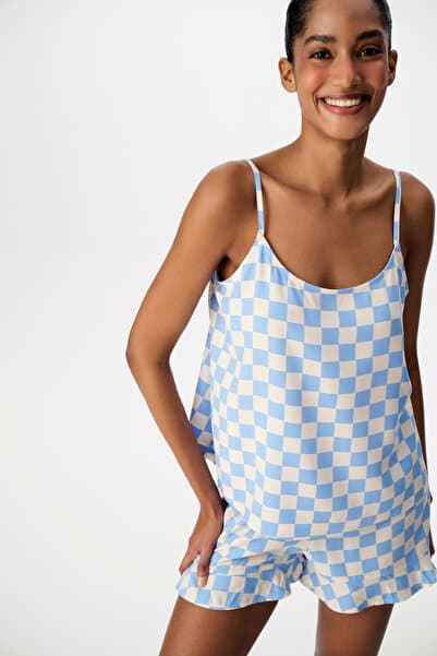 Penti Mavi Blue Gingham Şortlu Pijama Takımı