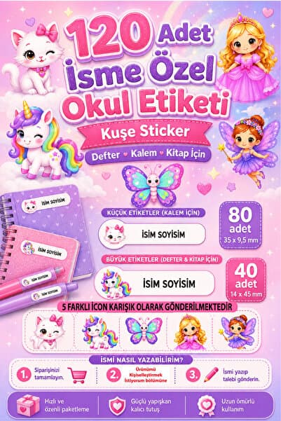 cabuk baskı Kız Çocuklara Özel 120 Adet İsime Özel Okul Etiketi Seti 5 Sevimli Temalı Defter Kitap ve Kalem Etiketi
