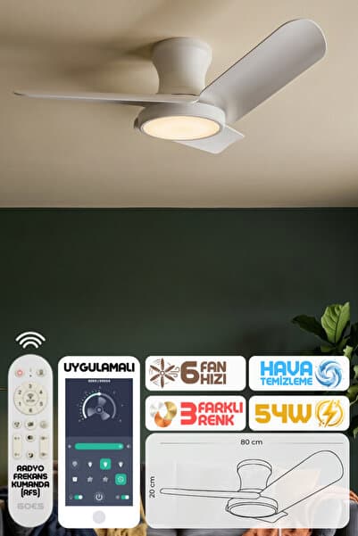 Enshall 80cm Modern Goes Uzaktan Kumandalı 3 Kanatlı Uygulamalı Tavan Vantilatörü Ve Led Lamba Işık 54W