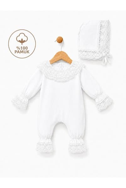 MİNİMAY Dantel Yakalı %100 Pamuk Kız Bebek Tulum Seti – 0-3 Ay