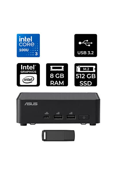 ASUS NUC14 Pro Slim Kit Intel Core 3-100U 8GB RAM 512GB SSD FreeDOS RNUC14RVKI300002IP302 Mini Masaüstü Bilgisayar + PER4 USB BELLEK