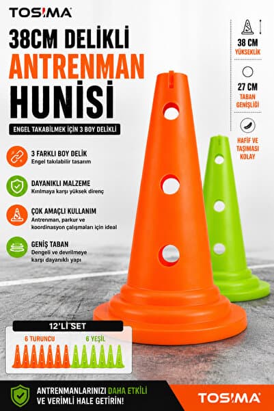 Tosima 38 Cm Delikli Antrenman Hunisi 12'li Set (6 Turuncu + 6 Yeşil) Slalom Koordinasyon Engelli Çalışma Hunisi