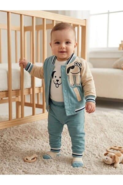 Efemkids 3'LÜ KÖPEK NAKIŞLI ERKEK BEBEK TAKIM baskılı zıbınlı body 0-3 ay 3-6 ay 6-9 ay yeni doğan bebek takımı ceket+pantolon +zıbın