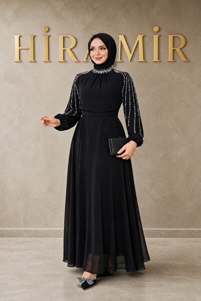 HİRAMİR Kadın Kolları İşlemeli Astarlı Abiye Elbise YZ2501