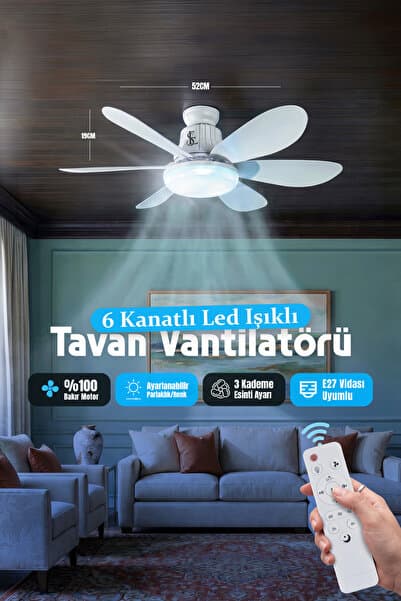 EN SİGA LED Işıklı Uzaktan Kumandalı 52 CM 6 Yapraklı Tavan Vantilatörü Kristal lambalı