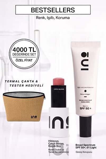 INO Beauty Termal Çantalı Bestseller Set , Nemlendirici Güneş Kremi SPF+50 01 LIGHT Cilt Tonu Eşitleyici (Saf Kolajen) + Hibiscus - Stick Ruj & Allık 4,5Gr+ Termal Çanta