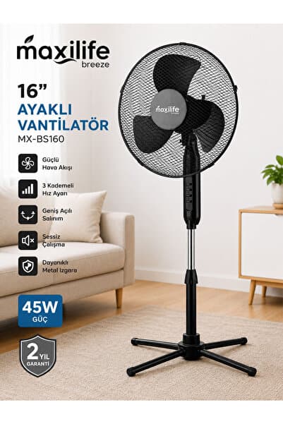 Maxilife Breeze MX-BS160 16" Katlanır Ayaklı, 3 Kademeli Hız Ayarlı, Metal Izgaralı, 45W Vantilatör