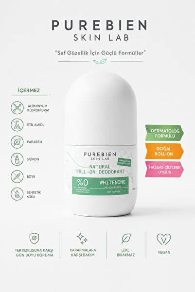purebien skin lab Doğal Kadın Roll On Deodorant Dermatolog Onaylı Koltuk Altı Kararmalarına Karşı Bakım, Ter Kokusu Önleyici, Alkolsüz, Vegan, Leke Bırakmaz