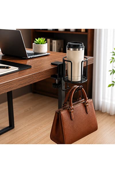 Mcstorey Masa Kenarı Bardak Tutucu ve Kulaklık Askısı, Kelepçeli Metal Masa İçecek Tutucu, Ayarlanabilir Masa Bardaklığı, Kahve Kupası, Termos ve Su Şişesi İçin Ofis Oyuncu Masası Organizer Siyah