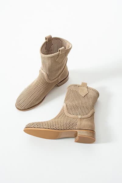 dericia shoes Crown Hakiki Deri Süet Bej Kadın Günlük Yazlık Bot