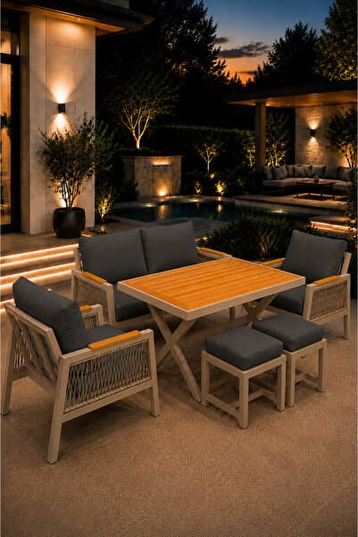 Rovena GARDEN Balkon Takımı, GRİ Bahçe Takımı 5+1 (Masa 70x110 3lü Koltuk 70x150 Tekli Koltuk 70x70 2 Adet puf )