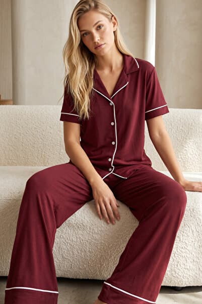 Siyah İnci mürdüm Kısa Kollu Pamuklu Düğmeli Biyeli Pijama Takım