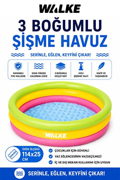 Walke 114 x 25 cm 3 Boğumlu Şişme Çocuk Havuzu Dayanıklı Bahçe ve Balkon Havuzu 14103