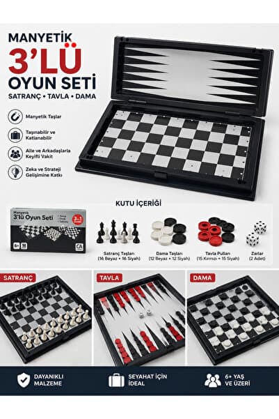 Genel Markalar Manyetik 3’lü Oyun Seti Satranç Tavla Dama Katlanabilir Seyahat Aile Zeka Oyunu