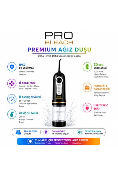 pro bleach Y821 Ultra Portatif Ağız Temizleme Duşu | 8 Basınç Ayarlı | 6 Modlu | Aile Tipi