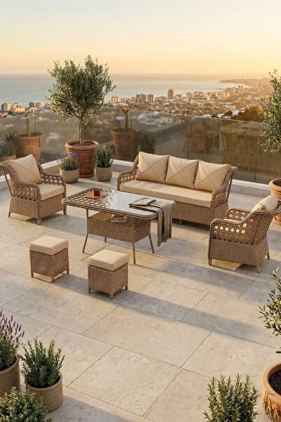 Canisa Anemon Serisi 3+1+1+2 Puf Cappucino Rattan Cappucino Minder Bahçe Balkon Oturma Koltuk Takımı