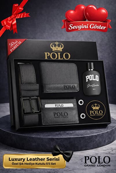 POLOGRAND London Orijinal Erkek 5'li Hediye Kutulu Luxury Serisi Deri Kemer Cüzdan Kartlık Kol Düğmesi Parfüm Seti