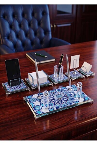 mercanpromosyon Kişiye Özel İsim Yazılı Ebru Desenli Lüks Kristal Masa Seti - Telefon Standlı ve Özel Çantalı Hediye