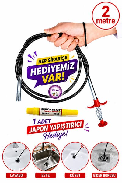 ibico 2 Metre Lavabo Açma Teli Tıkalı Banyo Lavabo Deliği Gider Boru Açma Teli (4 Kıskaçlı)