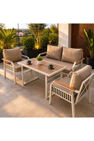 UFUK HOME Petunia Krem 211 Masalı Kahverengi Bahçe & Balkon Mobilya Takımı Çay Seti Koltuk Takımı